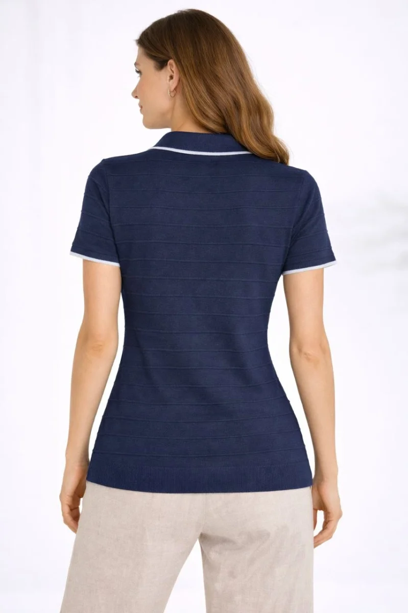 Kadın Triko Kumaş Yakalı Düğmesiz Açık Yaka Fitilli Kısa Kollu Regular Fit Tişört T-shirt - Lacivert