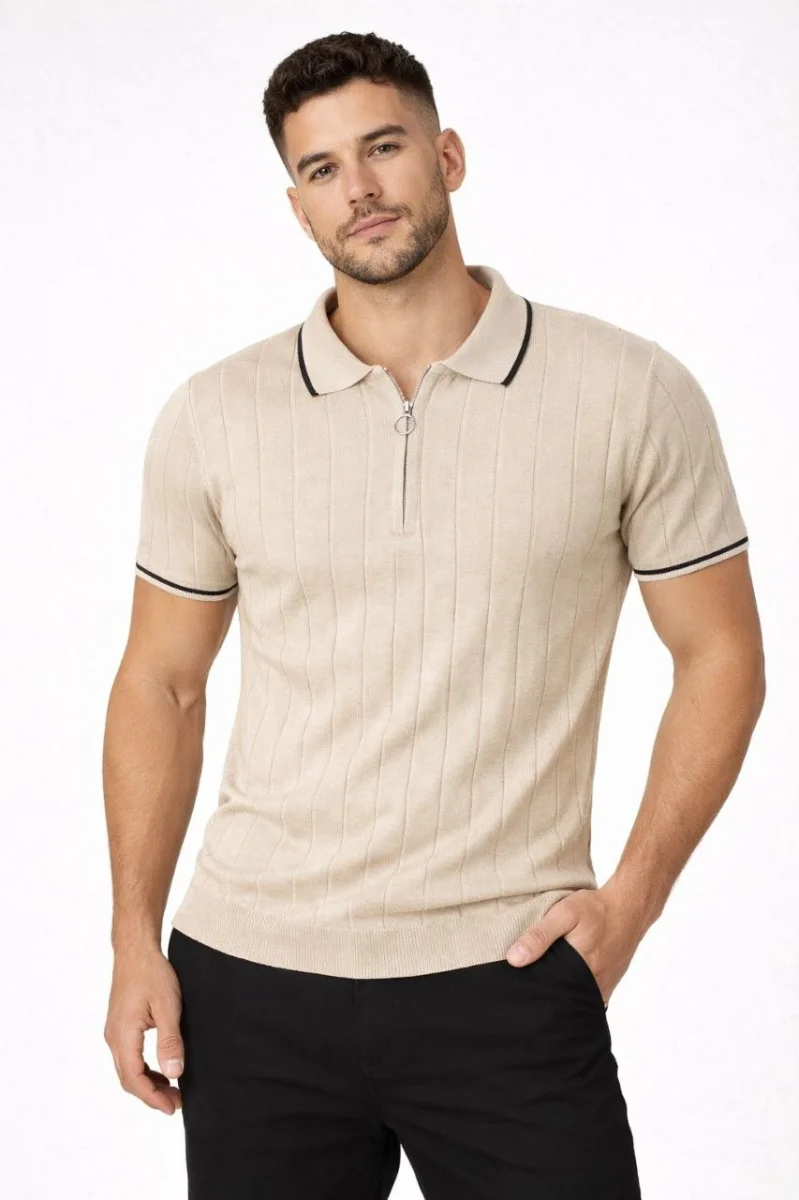 Erkek Fermuarlı Yaka Fitilli Triko Kısa Kollu Regular Fit Tişört T-shirt - Bej