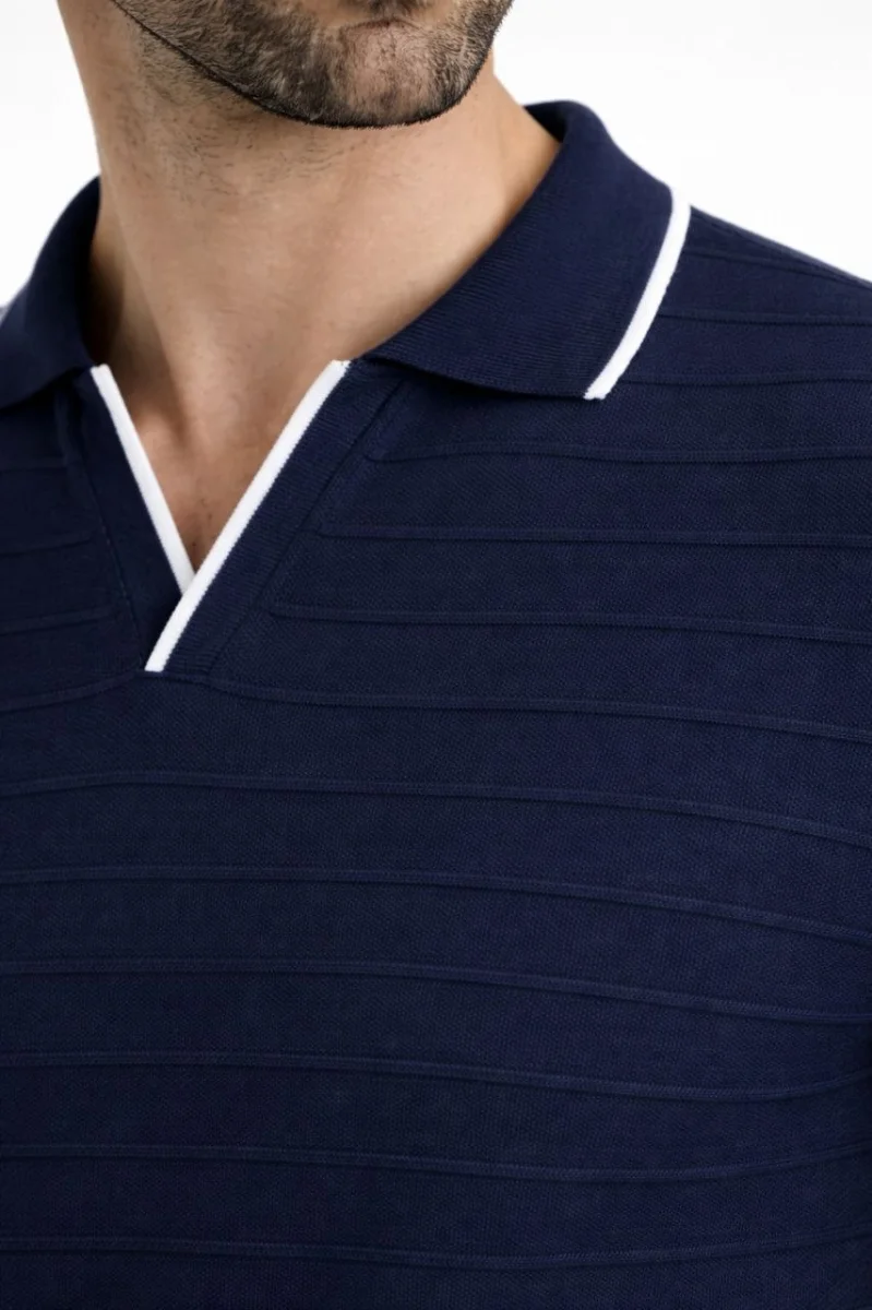 Erkek Triko Kumaş Yakalı Düğmesiz Açık Yaka Fitilli Kısa Kollu Regular Fit Tişört T-shirt - Lacivert