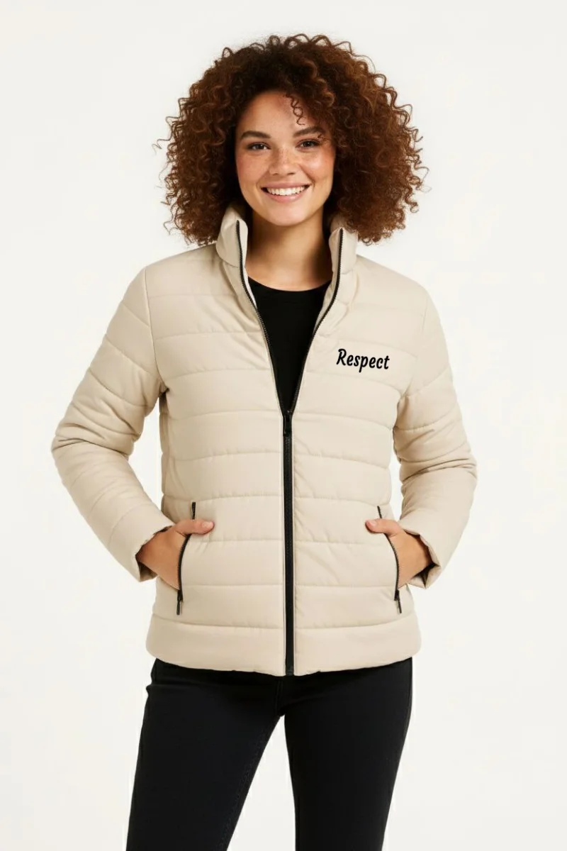 Kadın Mikro Su İtici Kapitone Baskılı Astarlı Fermuarlı Bomber Mont - Bej