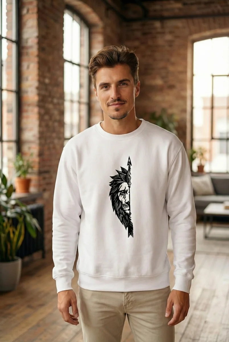 Sevgililer Günü Özel Bisiklet Yaka Aslan Baskılı Oversize Sweatshirt - Beyaz