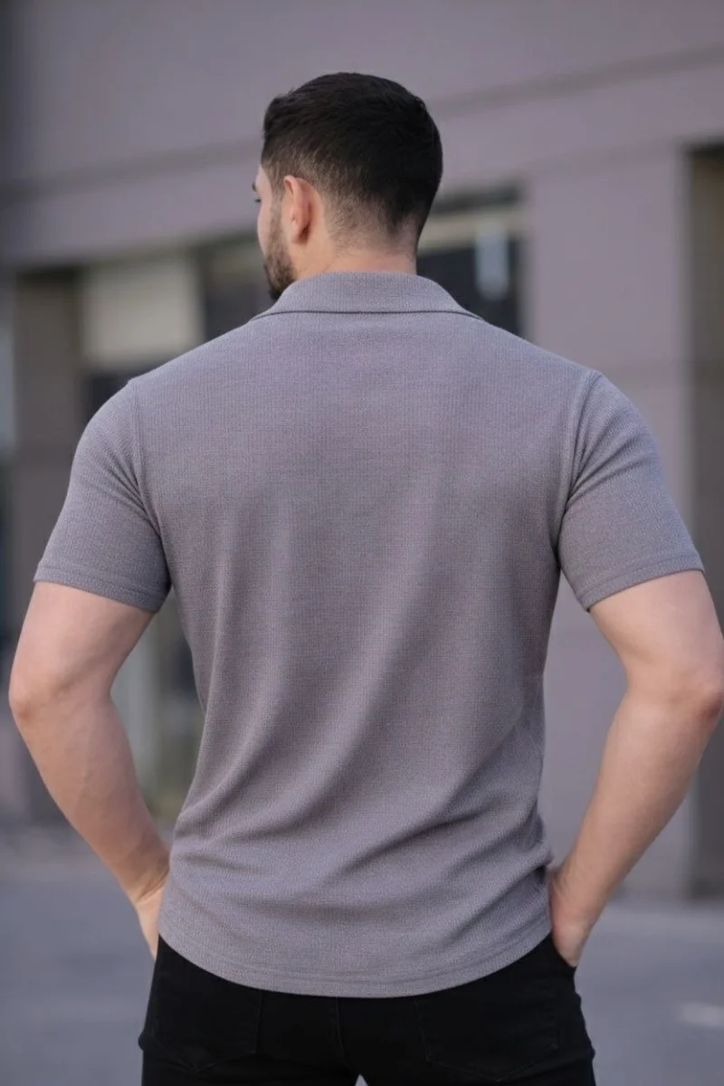 Erkek Waffle Kumaş Kısa Kollu Düğmeli Açık Yaka Regular Fit Gömlek - Gri