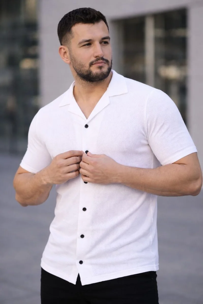 Erkek Waffle Kumaş Kısa Kollu Düğmeli Açık Yaka Regular Fit Gömlek - Beyaz