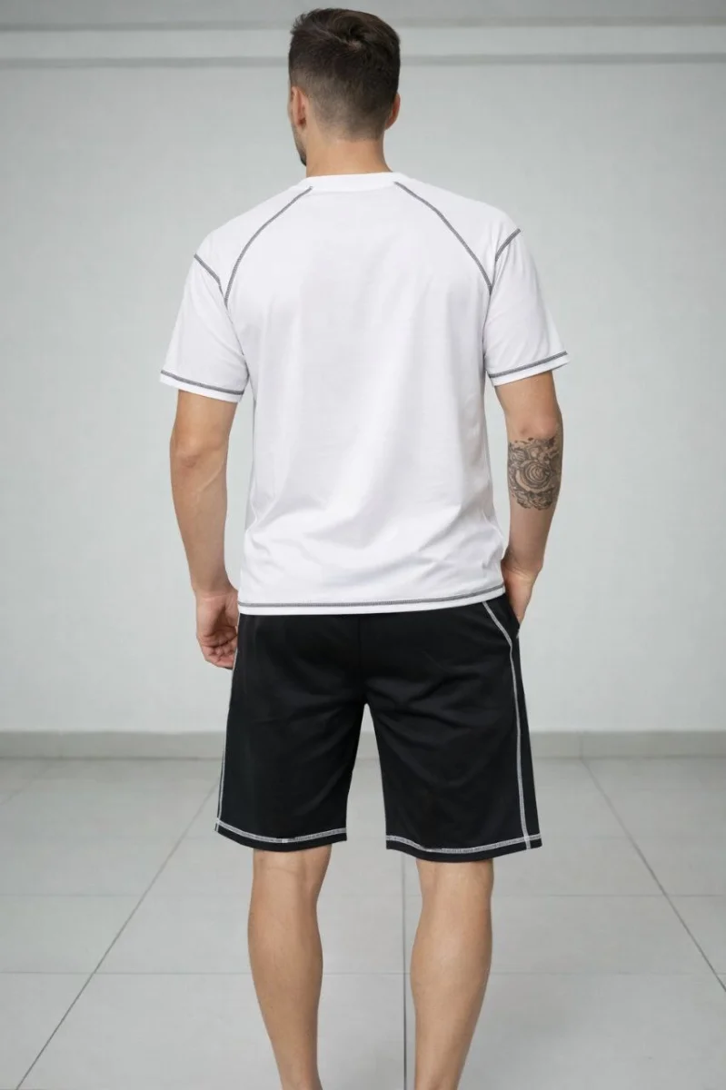Erkek Spor Tişört Şort Takım Kontrast Dikiş Detaylı Ovarsize rahat kalıp - Beyaz