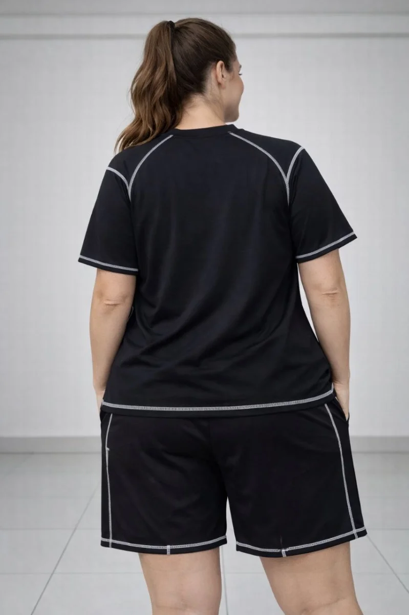 Kadın Battal Beden Kısa Kollu Tişört Şort Takım Kontrast Dikiş Detaylı Günlük Ev Giyimi - Siyah