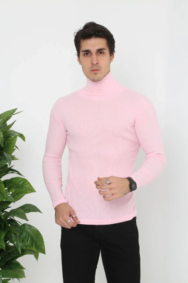 Erkek Kaşkorse Boğazlı Full Likralı Fitilli Body Kazak - Toz Pembe