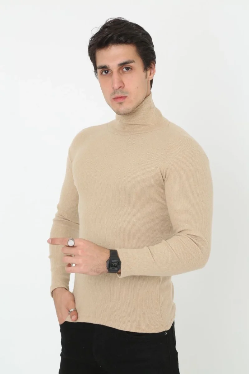 Erkek Kaşkorse Boğazlı Full Likralı Fitilli Body Kazak - Bej