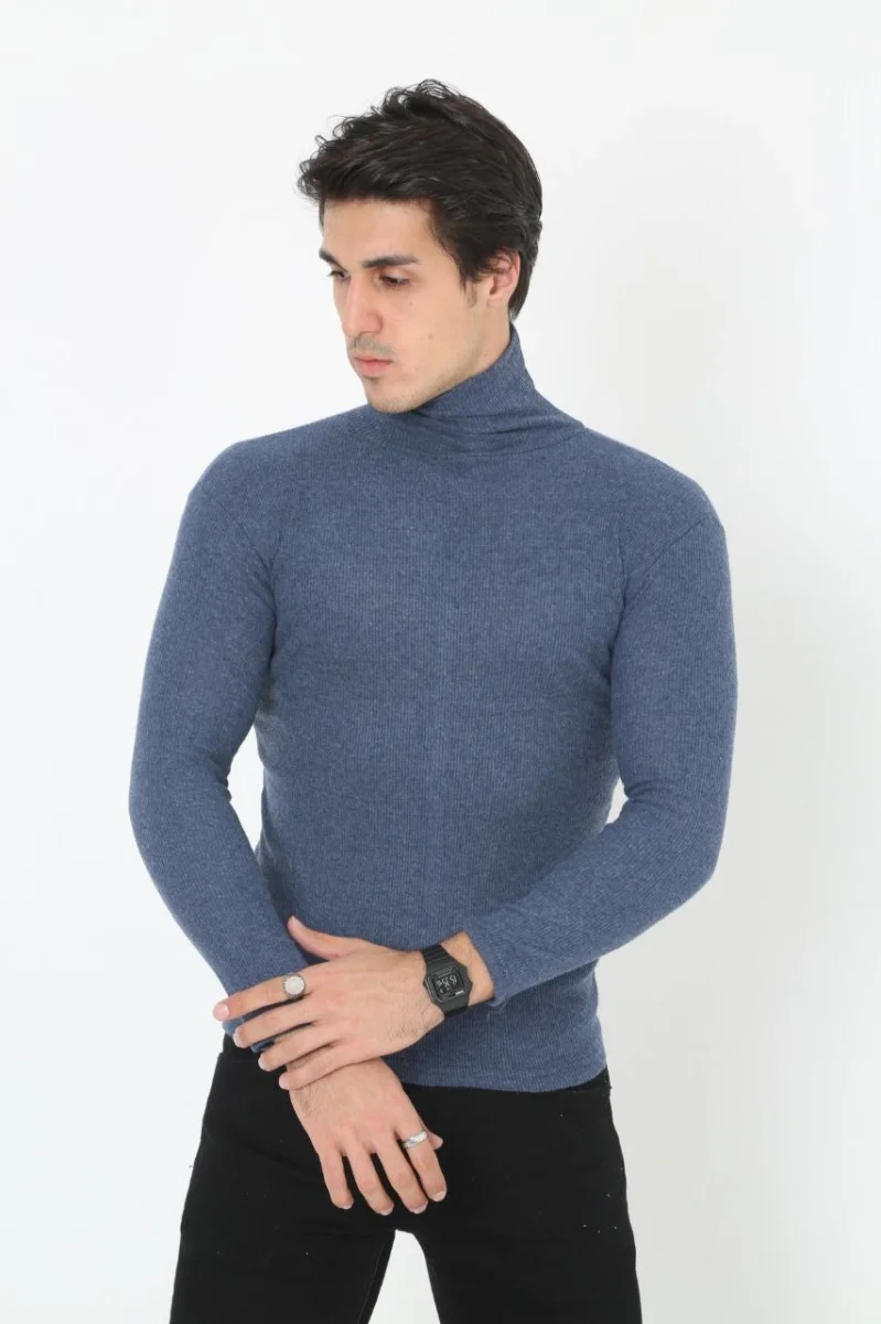 Erkek Kaşkorse Boğazlı Full Likralı Fitilli Body Kazak - İndigo