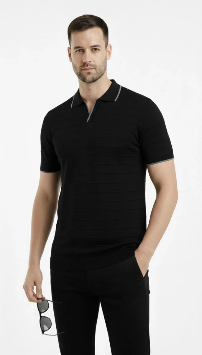 Erkek 3’lü Paket Triko Yakalı Düğmesiz Açık Yaka Fitilli Kısa Kollu Regular Fit Tişört - Lacivert, Bej, Siyah