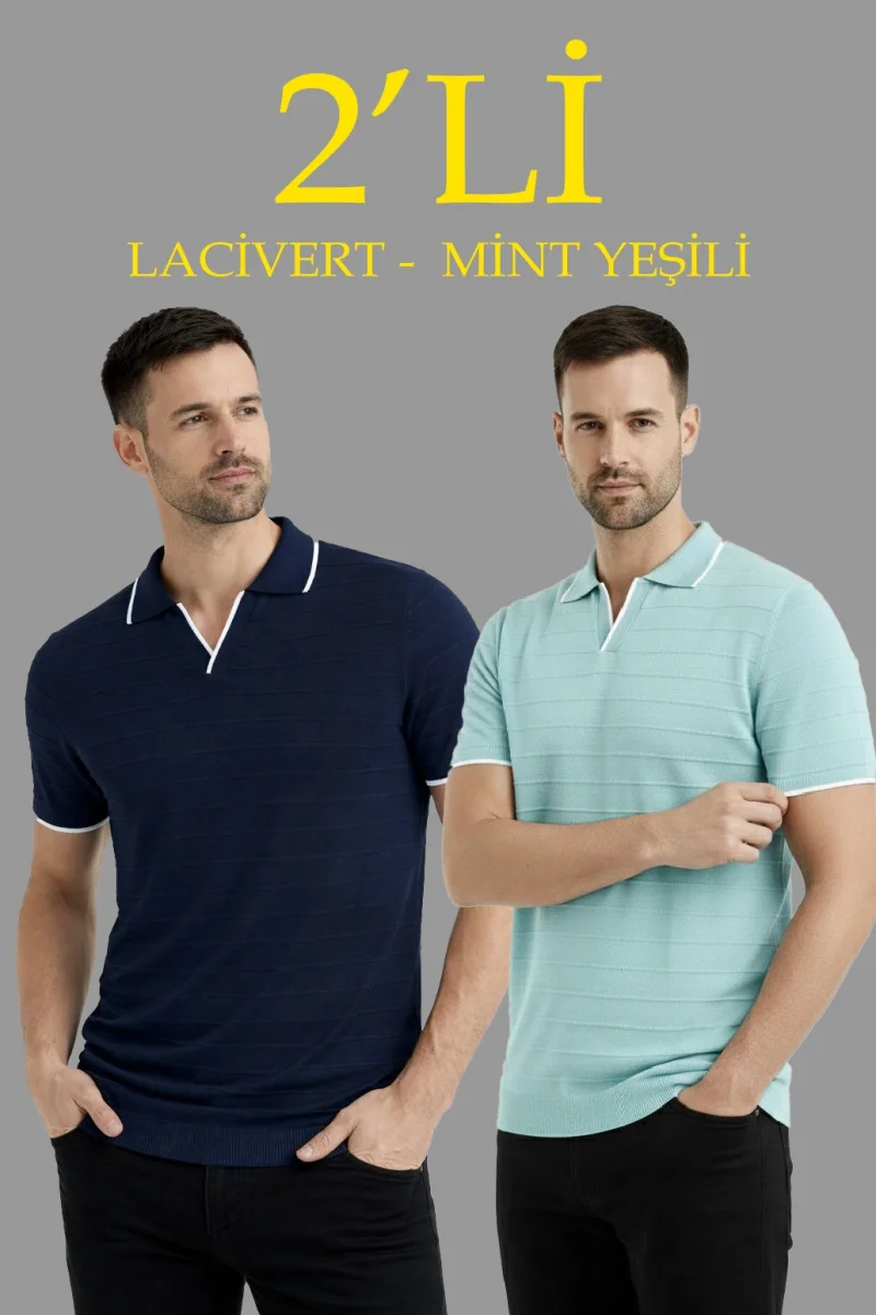 Erkek 2’li Paket Triko Yakalı Düğmesiz Açık Yaka Fitilli Kısa Kollu Regular Fit Tişört - Lacivert  Mint Yeşili