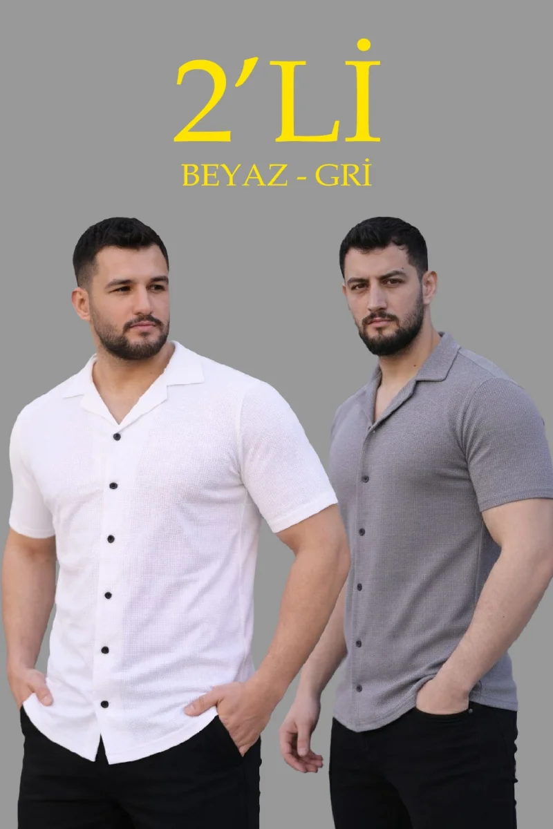 Erkek Waffle Dokuma Açık Yakalı Düğmeli Regular Kalıp 2’li Gömlek Seti - Beyaz  Gri