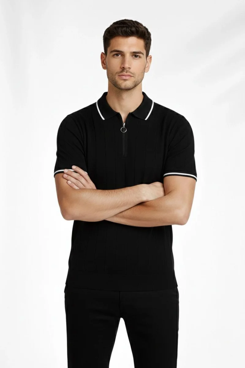 Erkek 2’li Paket Dokuma Triko  Fermuarlı Yakalı Fitilli Kısa Kollu Regular Fit Tişört - Haki  Siyah