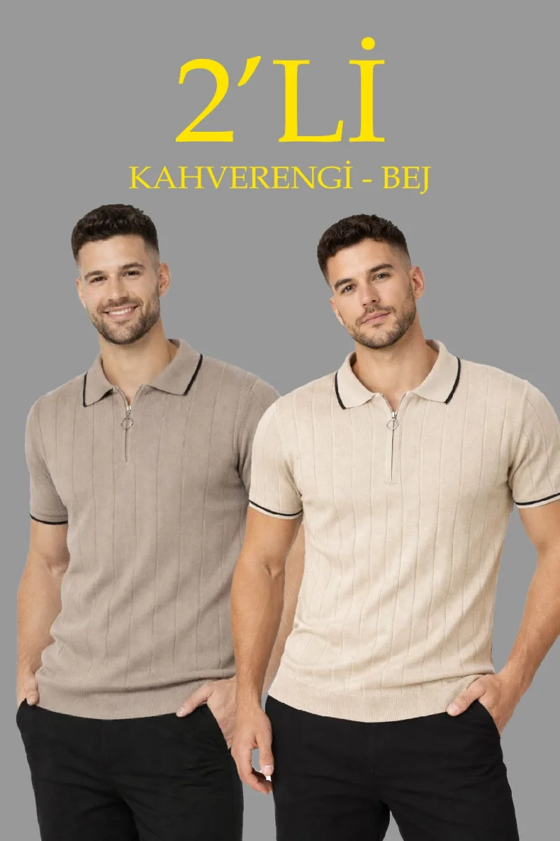 Erkek 2’li Paket Dokuma Triko  Fermuarlı Yakalı Fitilli Kısa Kollu Regular Fit Tişört - Bej  Kahverengi