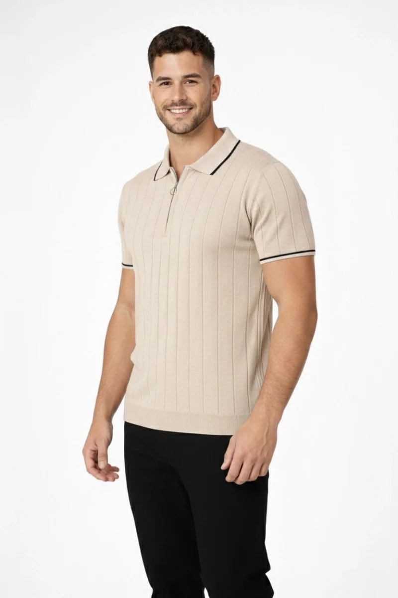 Erkek 2’li Paket Dokuma Triko  Fermuarlı Yakalı Fitilli Kısa Kollu Regular Fit Tişört - Bej  Beyaz