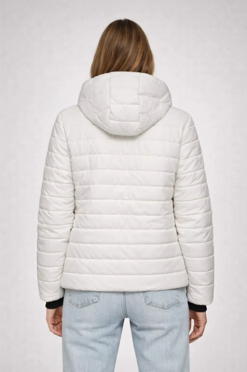 Kadın Şişme Kapüşonlu Fermuarlı Mont Su itici Kapitone Astarlı Kumaş Cepli Kışlık Rahat Kalıp - Krem