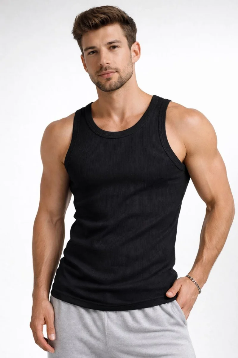 Erkek Fitilli Atlet Sıfır Yaka Slim Fit Arka Baskılı Spor Atlet - Siyah