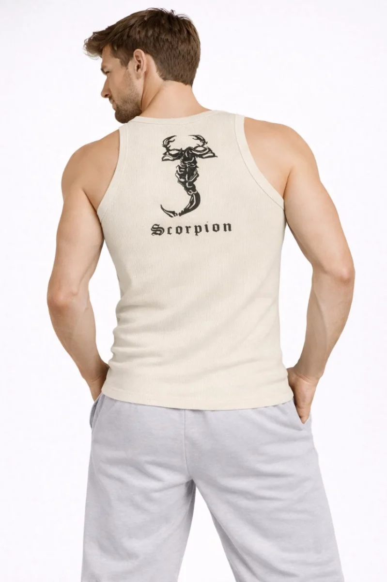 Erkek Fitilli Atlet Sıfır Yaka Slim Fit Arka Baskılı Spor Atlet - Krem