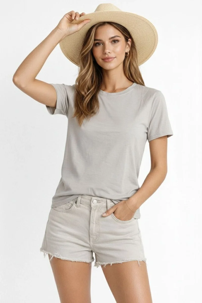 Osy Modal yumuşak dokulu Kumaş Kadın Bisiklet Yaka T-shirt - Gri