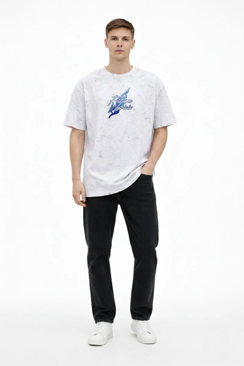 Erkek Asit Yıkamalı Oversize Tişört - Beyaz