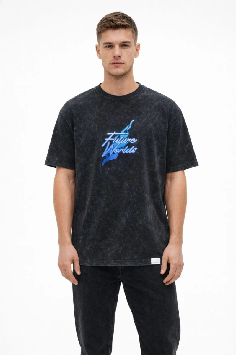 Erkek Asit Yıkamalı Oversize Tişört - Siyah