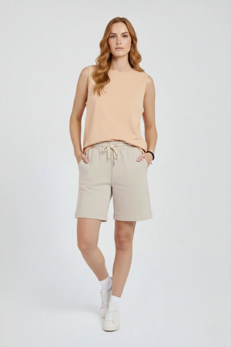 Oversize Kadın Atlet Salaş Kalıp Bisiklet Yaka Basic Yazlık Spor Bluz - Bej