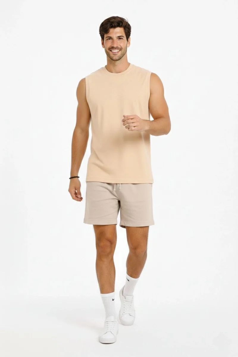 Erkek Sıfır Kolsuz Atlet Bisiklet Yaka Oversize Basic Spor Üst, Günlük ve Fitness Kullanımına Uygun - Bej