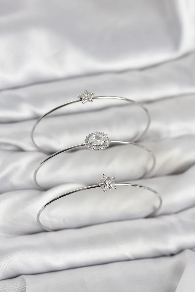 Zirkon Taşlı Gümüş Renk Tek Taş Model 3'lü Kadın Bileklik Kombini