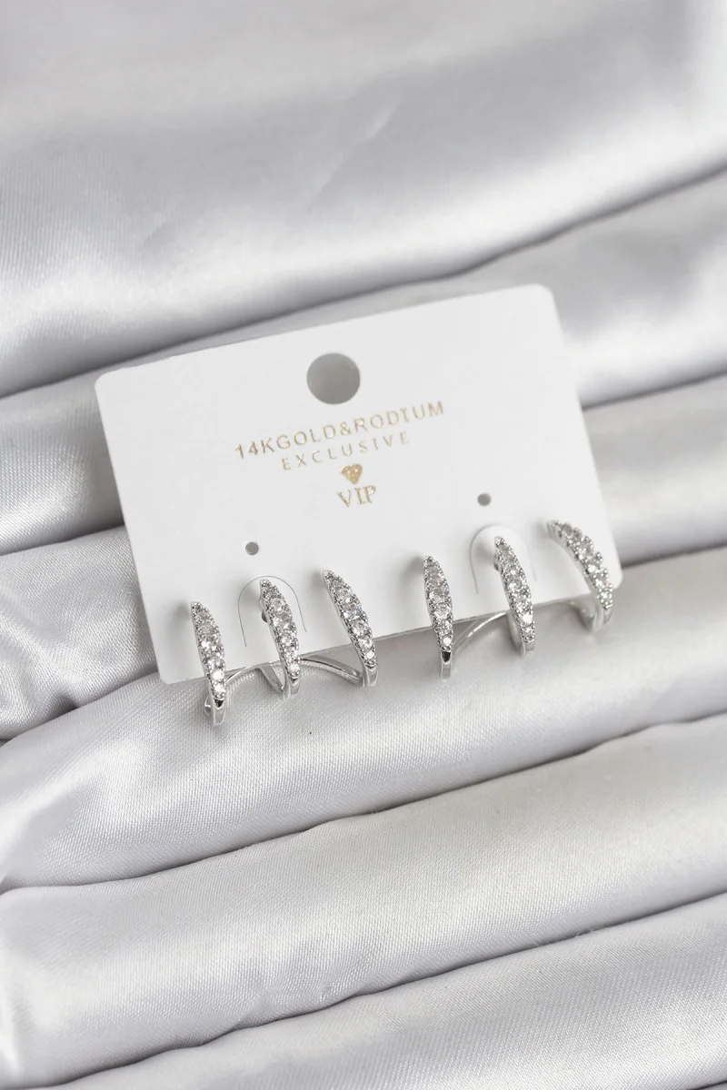 Gümüş Renk Pirinç Zirkon Taşlı Kadın Küpe