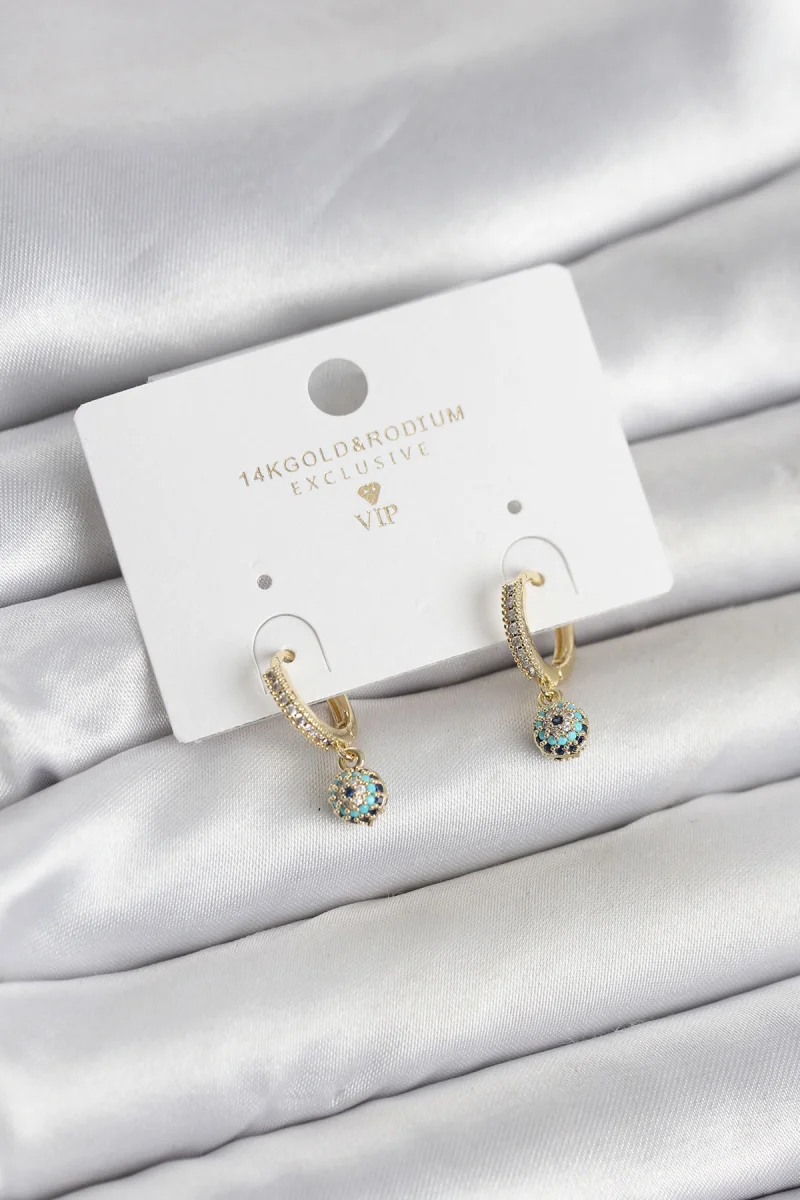 Minimal Nazarlı Model Gold Renk Zirkon Taşlı Kadın Küpe