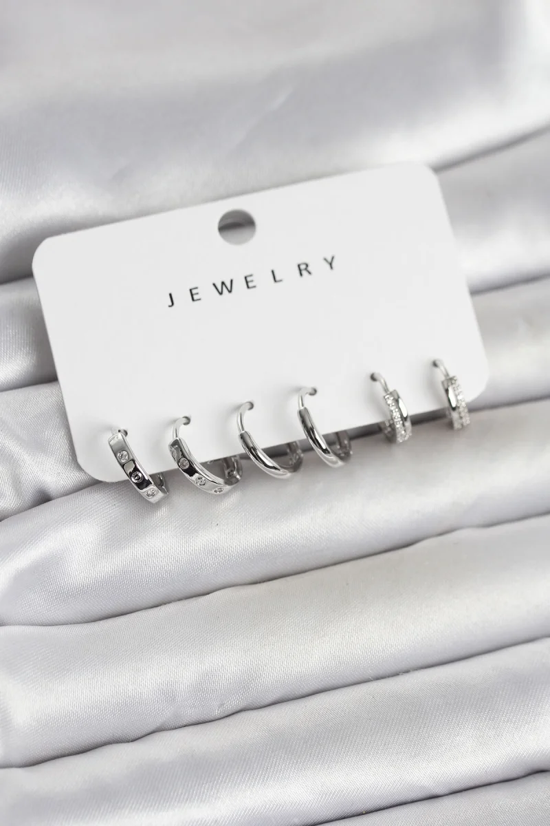 Gümüş Renk Pirinç 3 Çift Kadın Küpe Seti