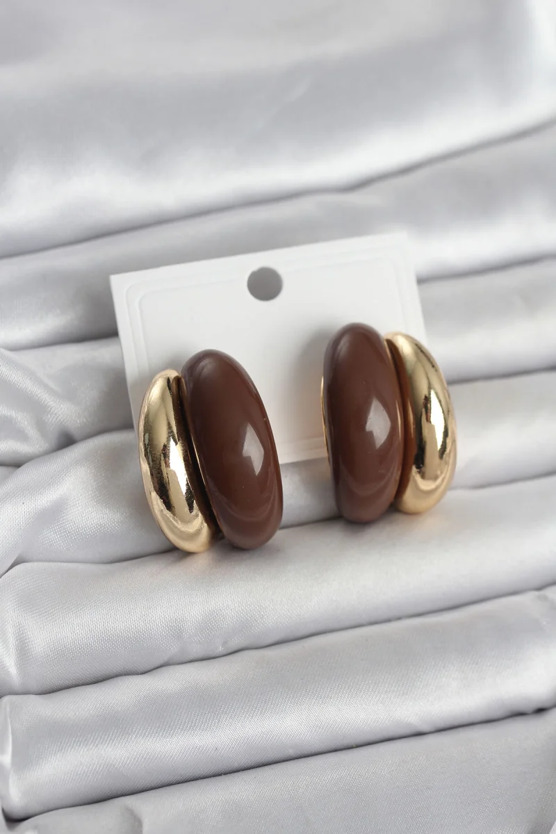 Damla Model Kahverengi Vintage Gold Renk Kadın Küpe