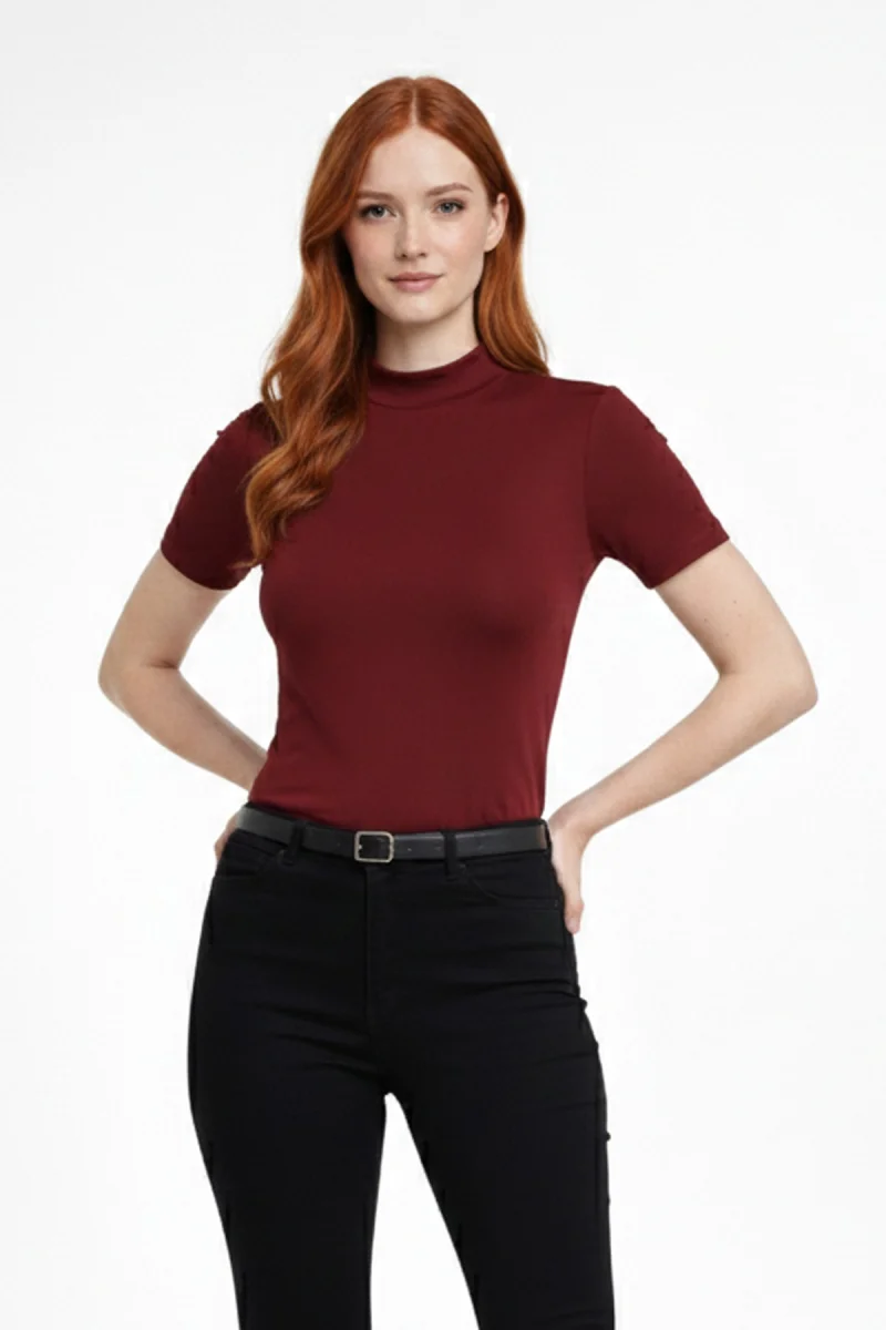 Kadın Bordo Viskon  Yarım Balıkçı Yaka Kısa Kollu Kompakt Slim Fit Likralı Basic Günlük Body Bluz