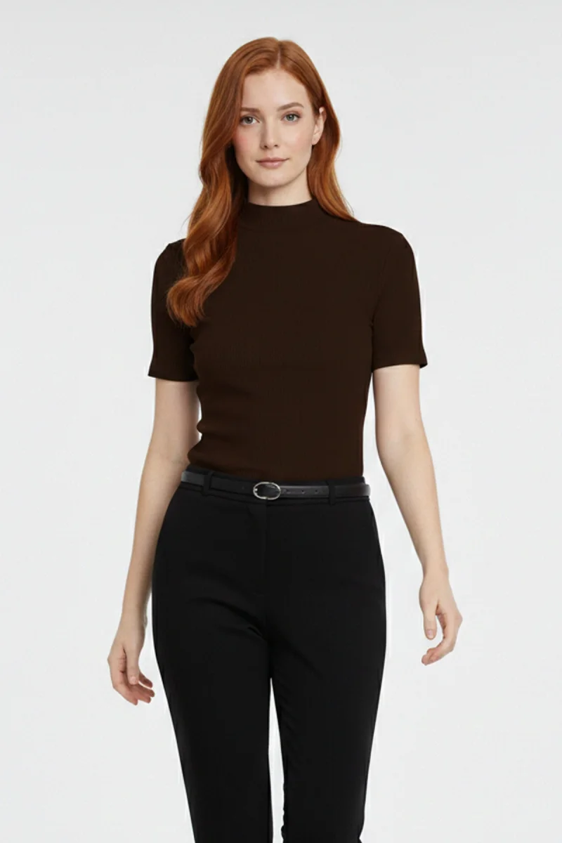 Kadın Kahve Viskon  Yarım Balıkçı Yaka Kısa Kollu Kompakt Slim Fit Likralı Basic Günlük Body Bluz