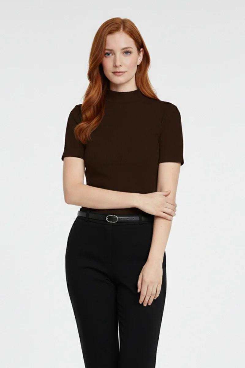 Kadın Kahve Viskon  Yarım Balıkçı Yaka Kısa Kollu Kompakt Slim Fit Likralı Basic Günlük Body Bluz