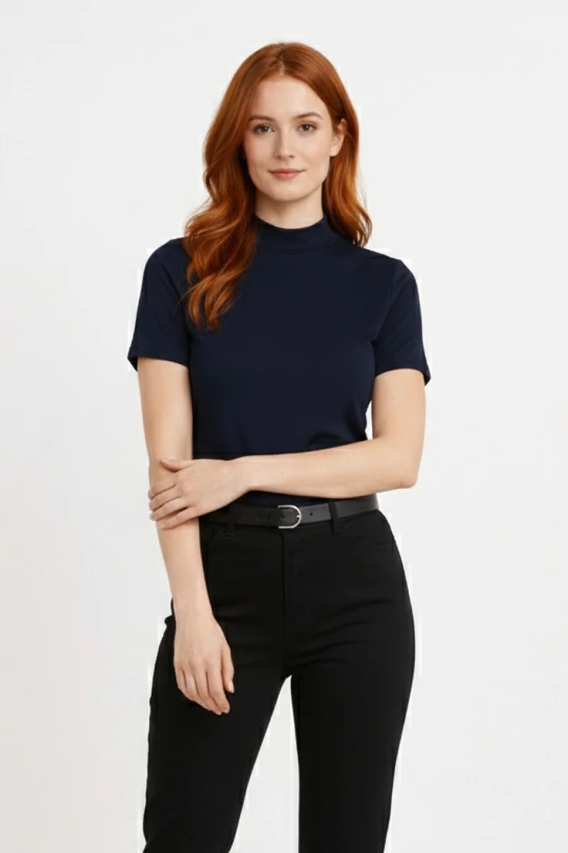 Kadın Lacivert Viskon  Yarım Balıkçı Yaka Kısa Kollu Kompakt Slim Fit Likralı Basic Günlük Body Bluz