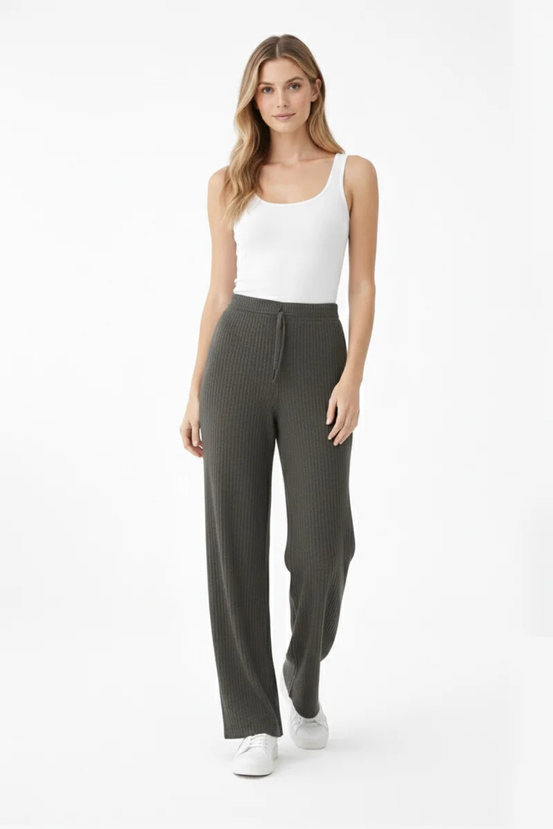 Kadın Haki Yüksek Bel Fitilli Örme Bağcıklı Esnek Likralı Geniş Paça Pantolon