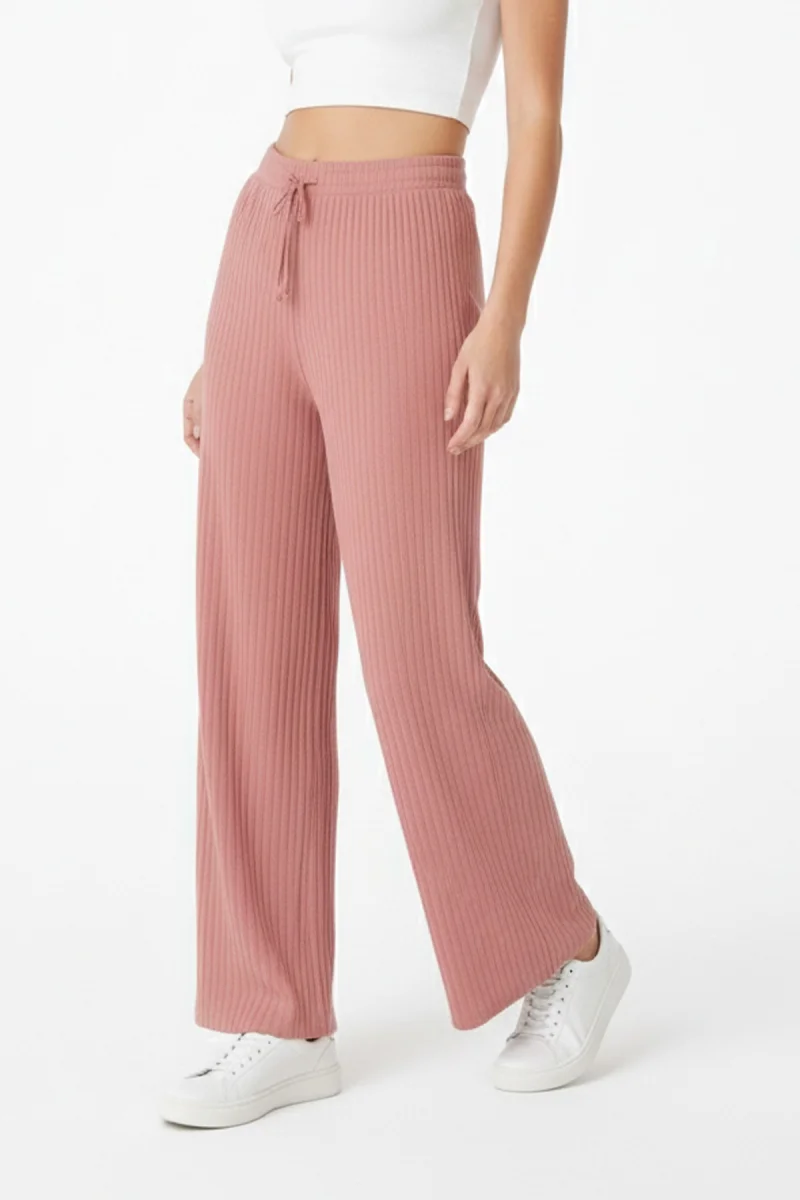 Kadın Pembe Yüksek Bel Fitilli Örme Bağcıklı Esnek Likralı Geniş Paça Pantolon