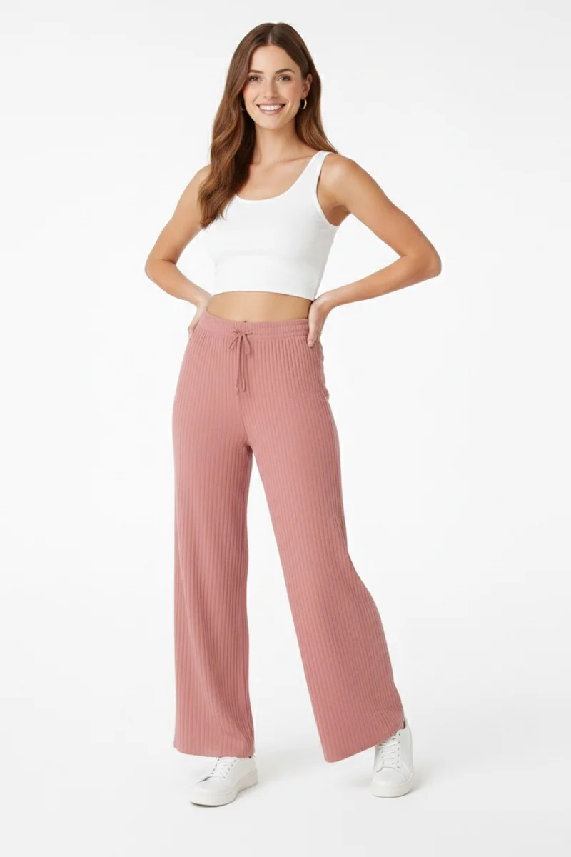 Kadın Pembe Yüksek Bel Fitilli Örme Bağcıklı Esnek Likralı Geniş Paça Pantolon