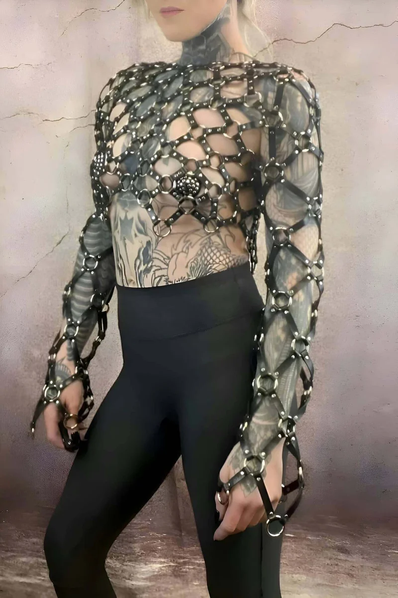 Çapraz Tasarım Uzun Kollu Deri Crop Bağlamalı Büstiyer Harness- Brf1076