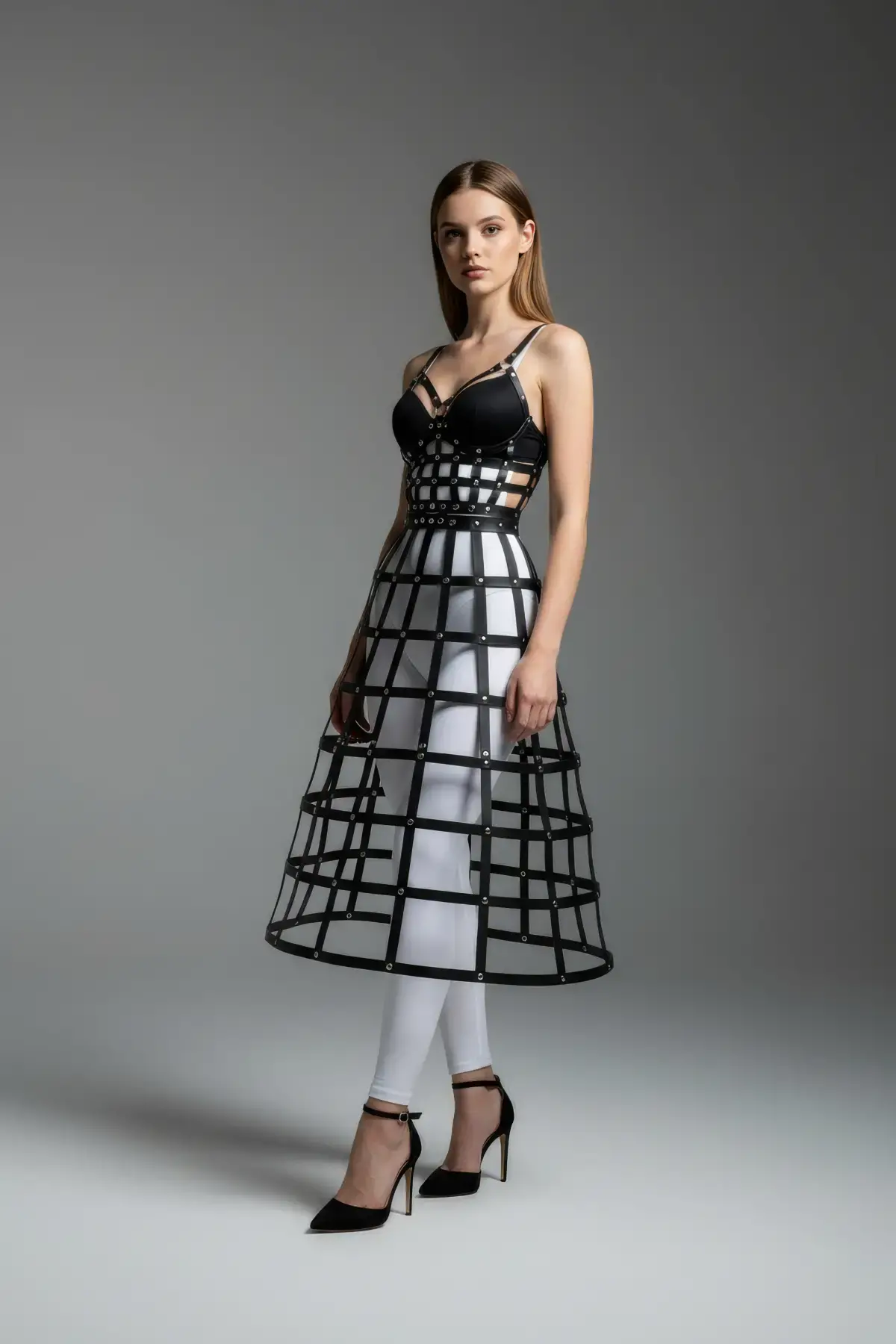 Siyah Kadın Etek Suni Deri Etek Kafes Yapılı Midi Boy Deri Etek - Brf1013