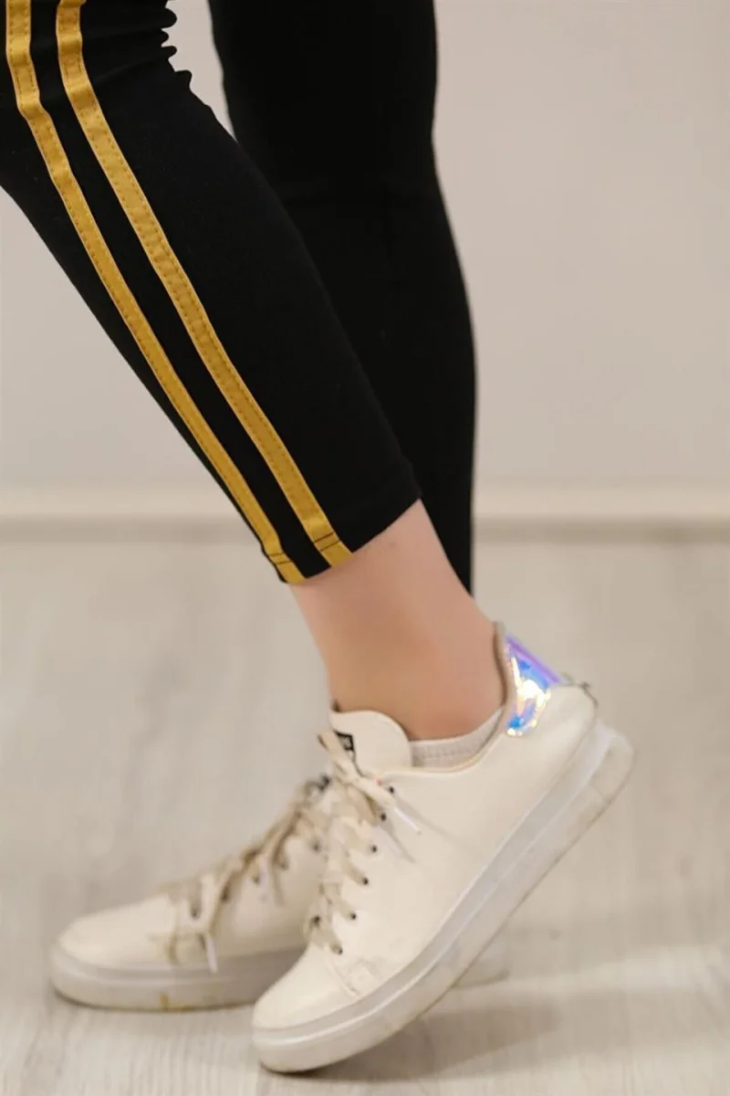 Yanı Sarı Şeritli Tayt - Siyah -