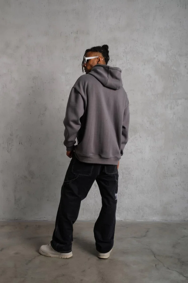 Düz Kapüşonlu Sweat - Gri -