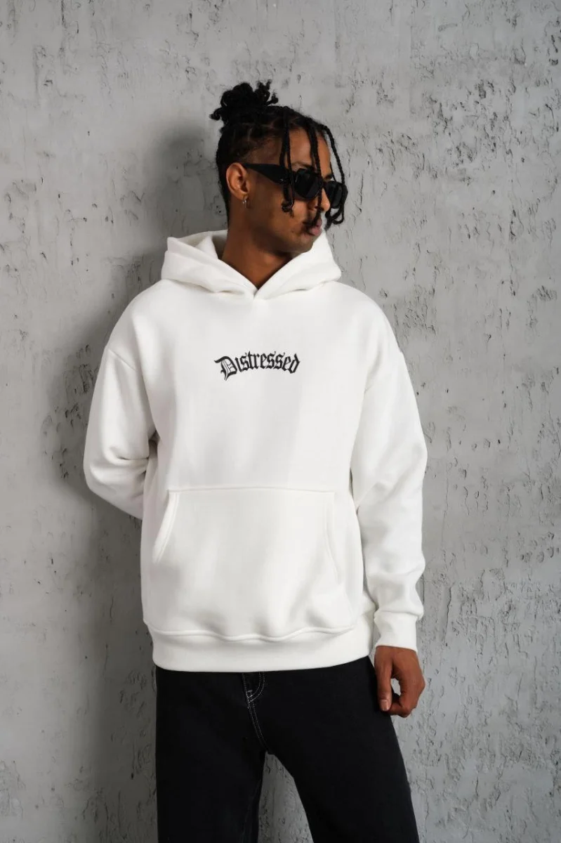 Üç İplik Baskılı Kapüşonlu Sweat - Beyaz -