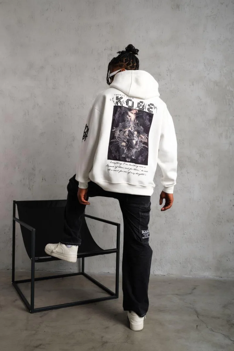 Baskılı Kapüşonlu Sweat - Beyaz -