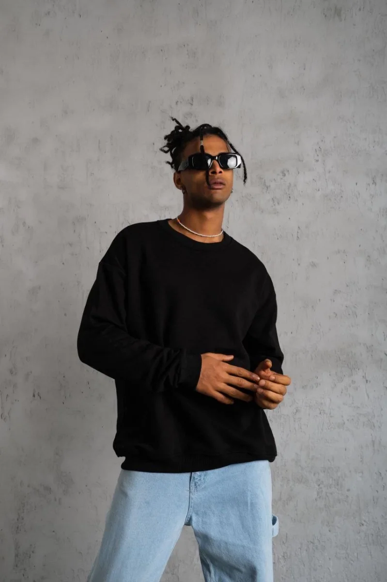 Düz Bisiklet Yaka Sweat - Siyah -