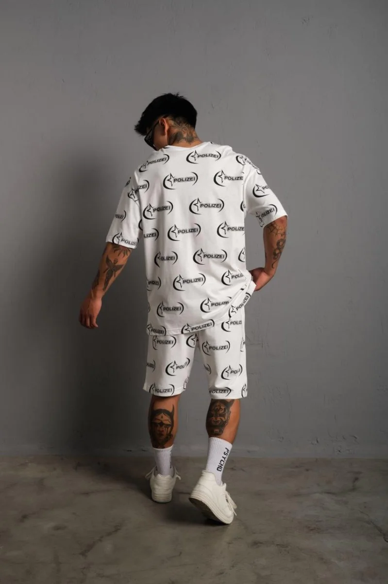 Baskılı İkili Şortlu Takım - Beyaz -