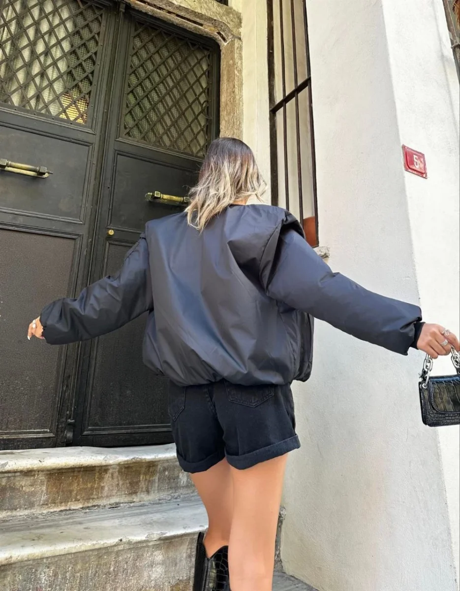 Oversize Bomber Ceket – Siyah, Fermuarlı, Sokak Modası Tarzı Mont - Siyah -