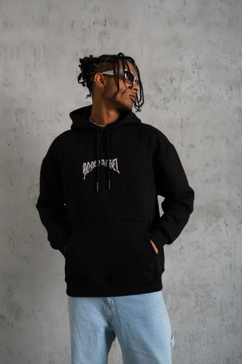 Kordon İpli Baskılı Kapüşonlu Sweatshirt - Siyah -