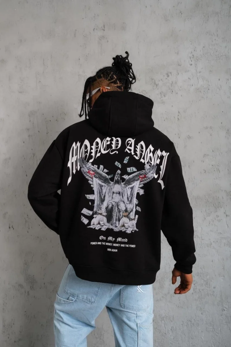 Kordon İpli Baskılı Kapüşonlu Sweatshirt - Siyah -