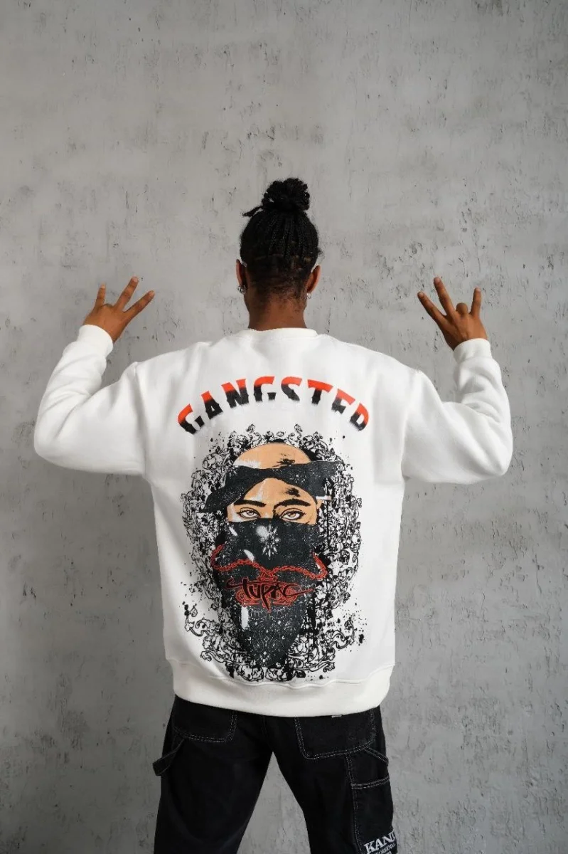 3 İplik Gangster Baskılı Sweatshirt - Beyaz -